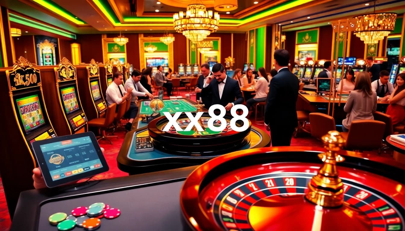 Experience the thrilling ambiance of xx88 with vibrant casino elements and players in action.