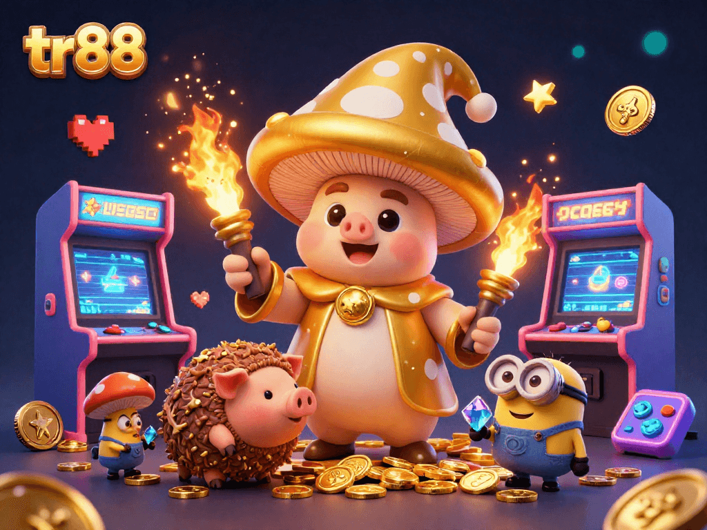Experience the magic of tr88 with a playful golden wizard and treasure-seeking truffle pig in this lively casino scene.