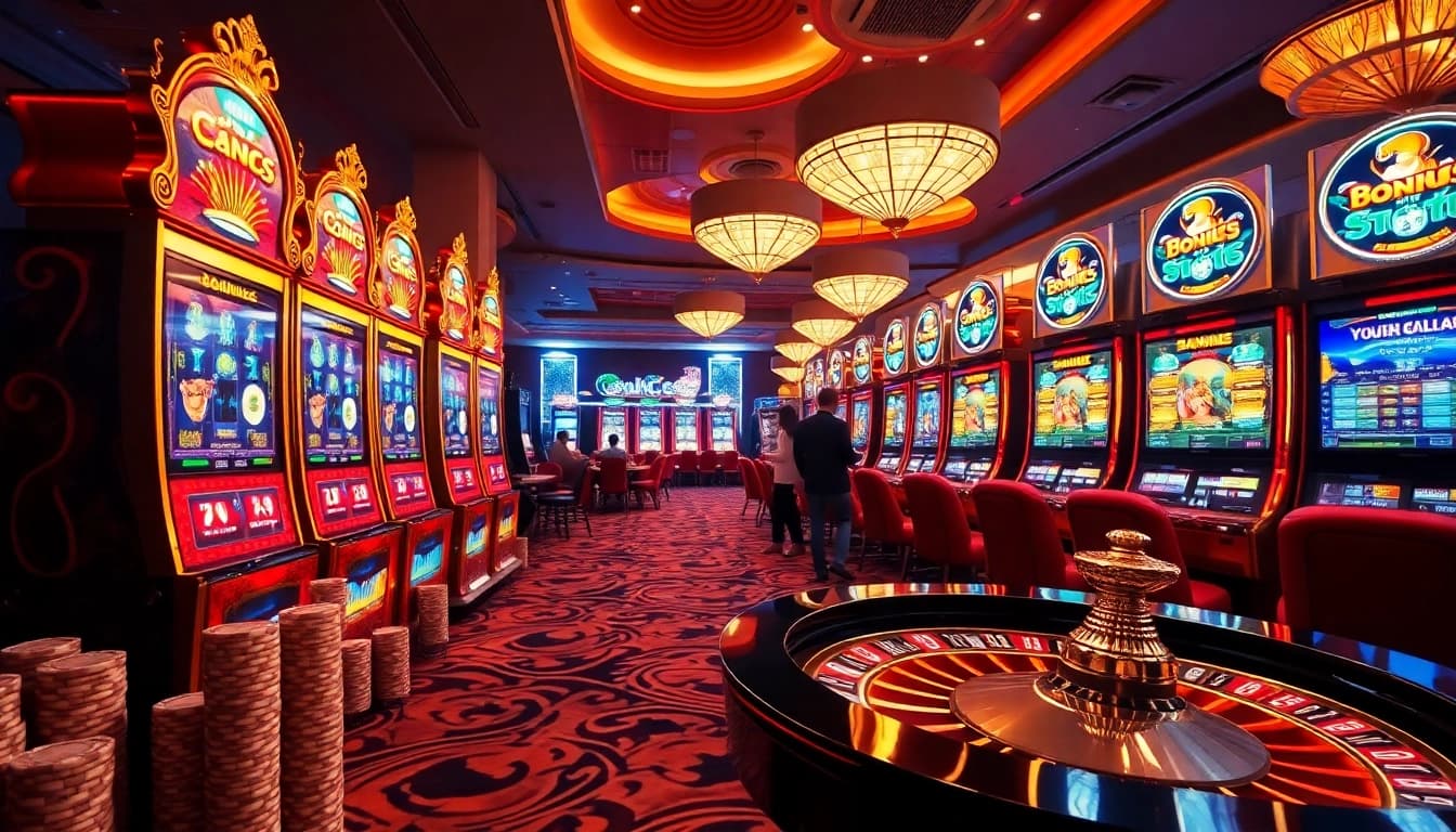 Situs Slot machines flashing with excitement attract players in a luxurious casino setting.
