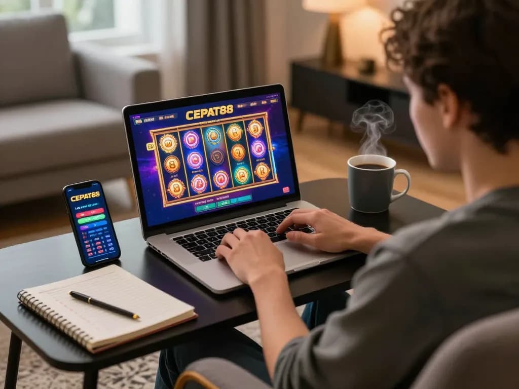 Setup permainan online CEPAT88 dengan pemain yang fokus pada strategi permainan slot dalam suasana yang nyaman.