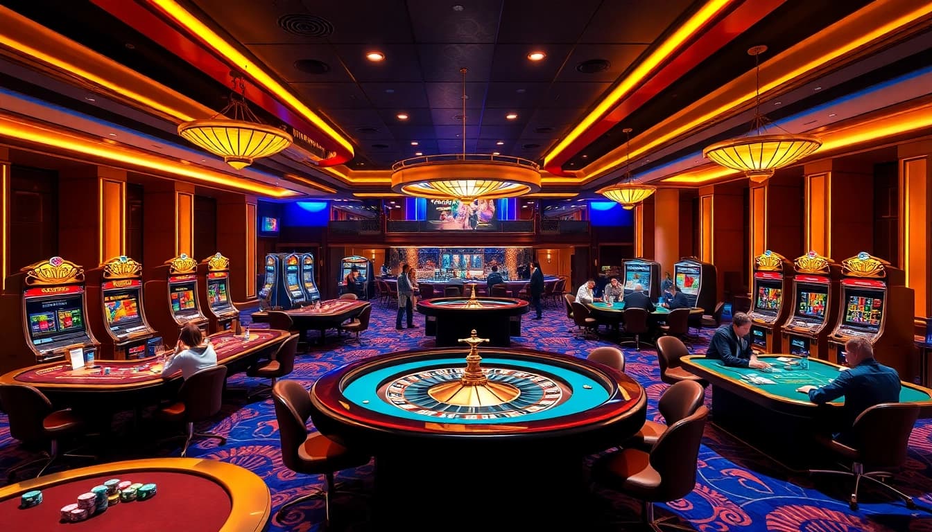 Exciting gambling scene at https://lv88.ltd/ featuring players at casino tables and vibrant slot machines.