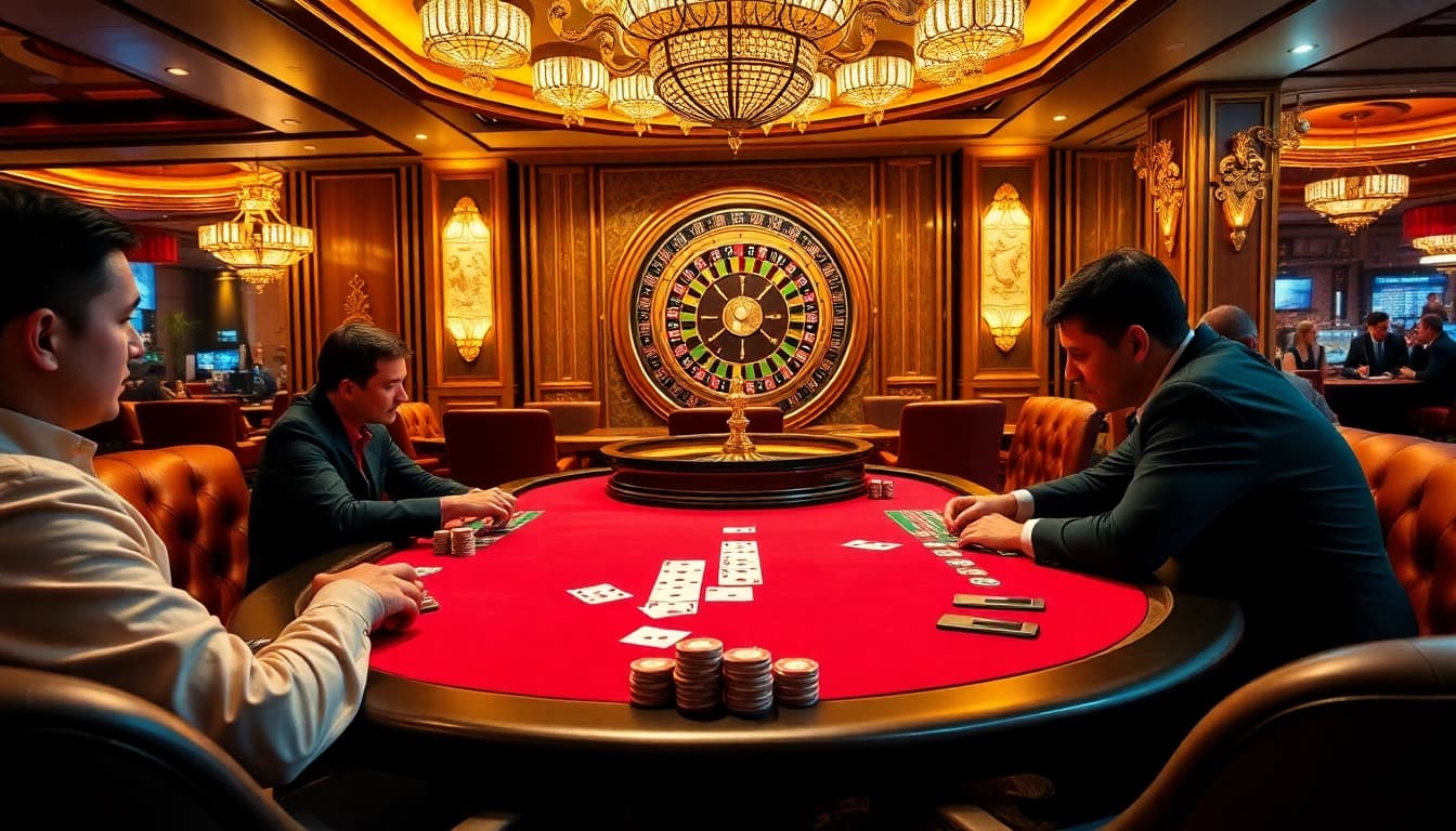 Engage in high-stakes poker at https://tg88.fyi/ with vibrant chips and strategic players in a luxurious casino.
