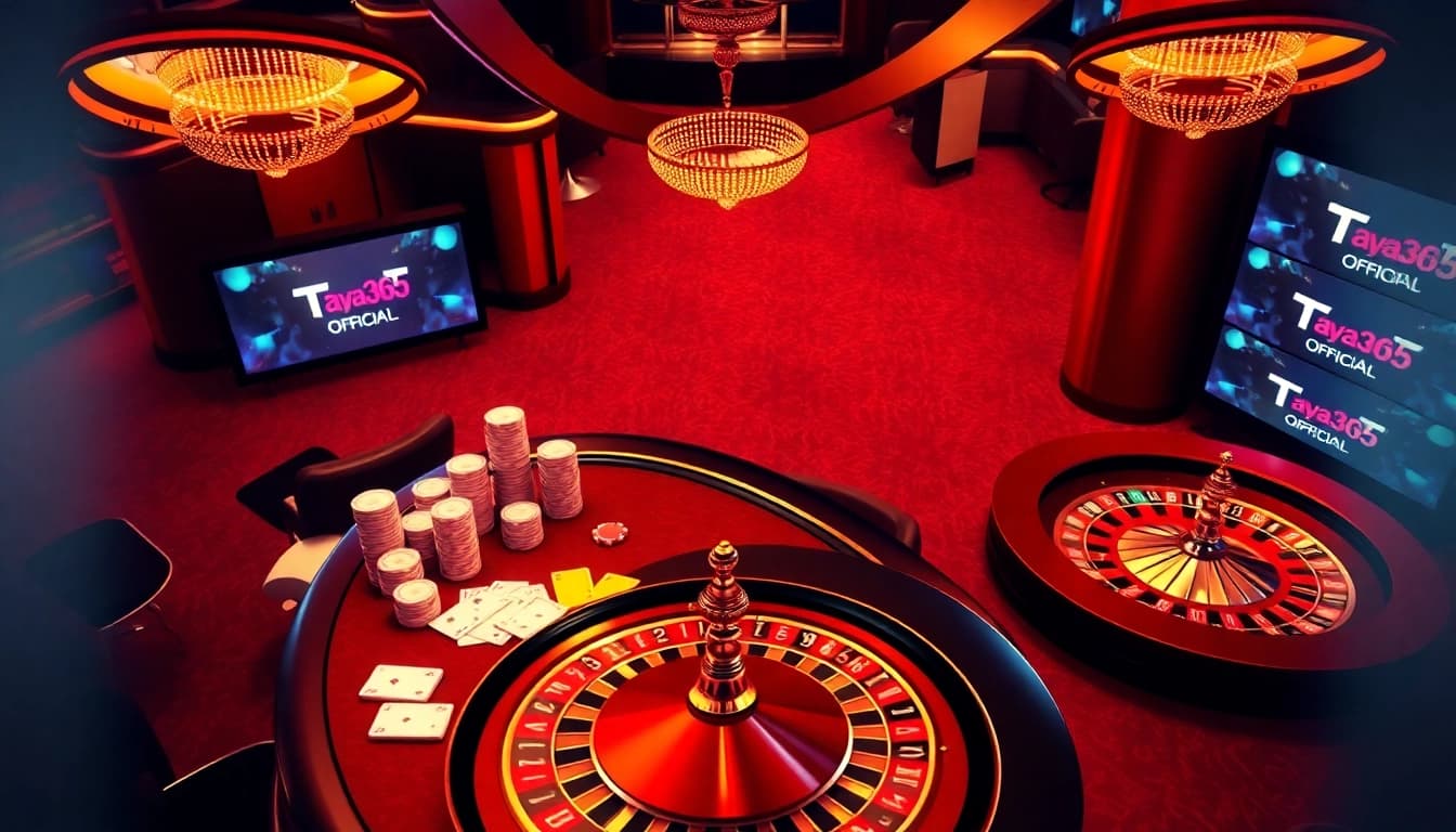 Taya365 Official casino scene featuring poker chips and a roulette wheel, inviting players to join the excitement.