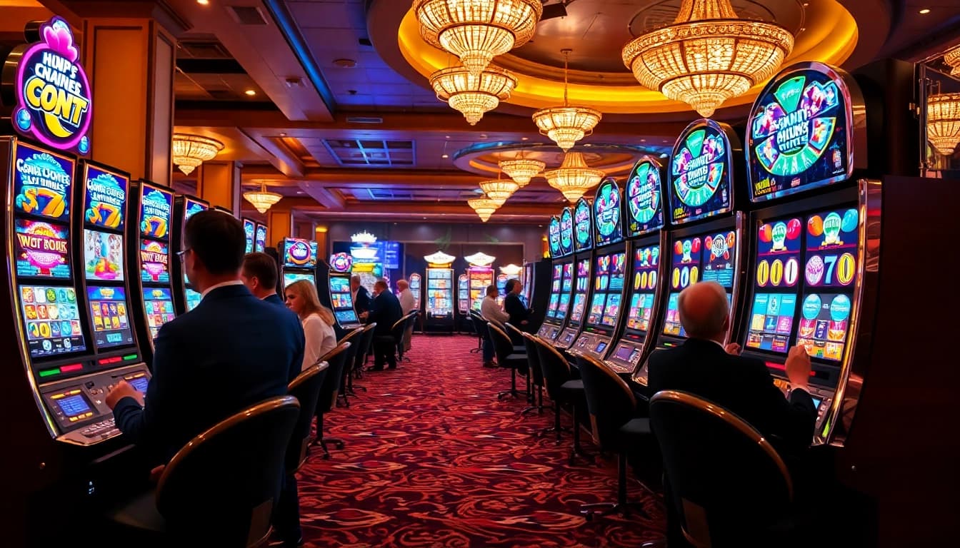Players engaging with vibrant slot machines in a luxurious casino atmosphere.