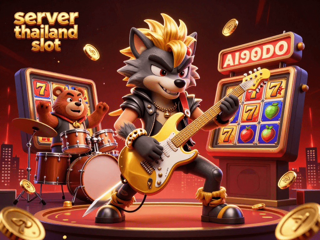Experience the excitement of server thailand slot with a vibrant casino scene featuring a rock star wolf and drummer bear.