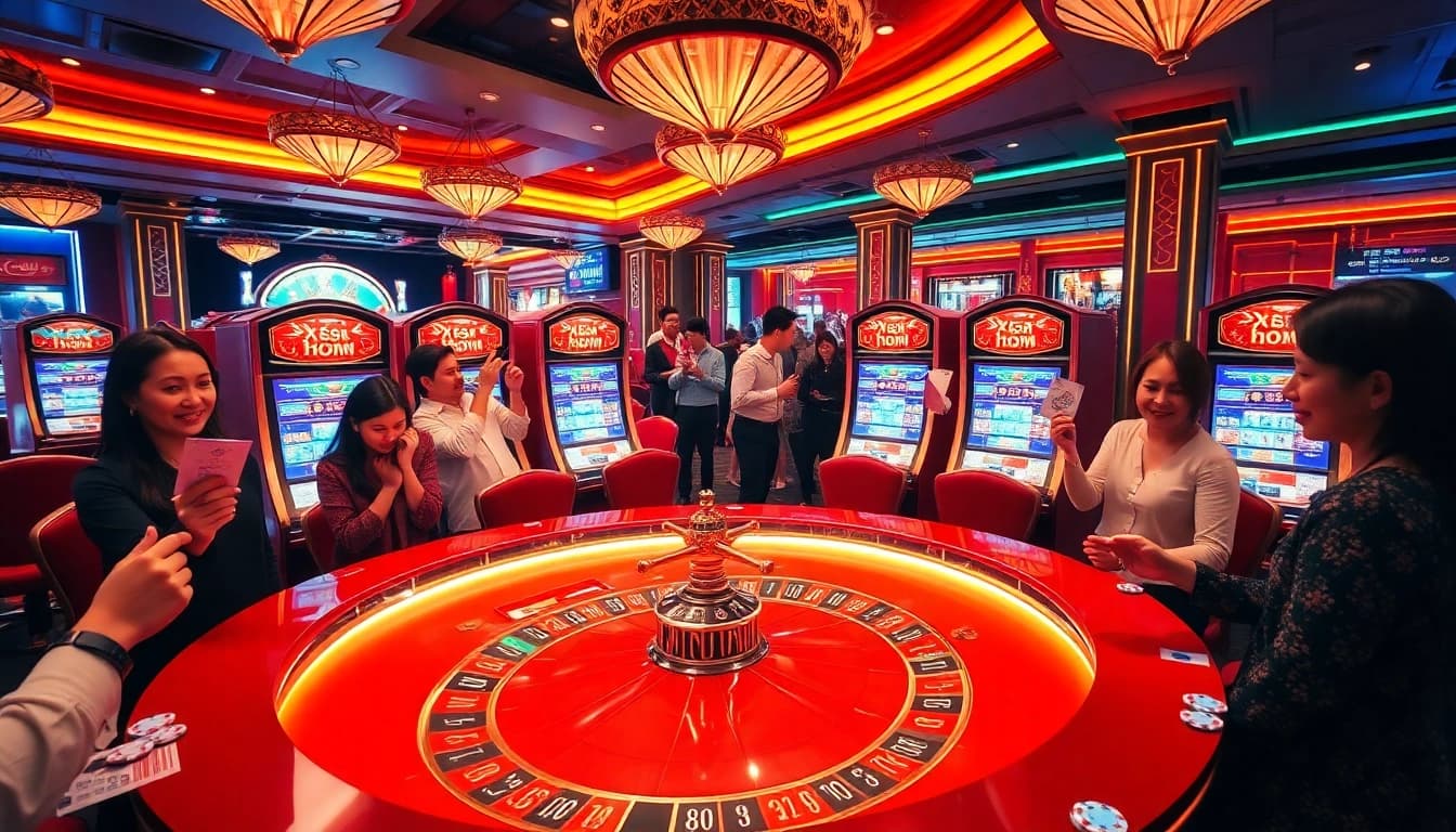 Xổ số hôm nay excitement at a vibrant casino with players engaged in thrilling lottery games.