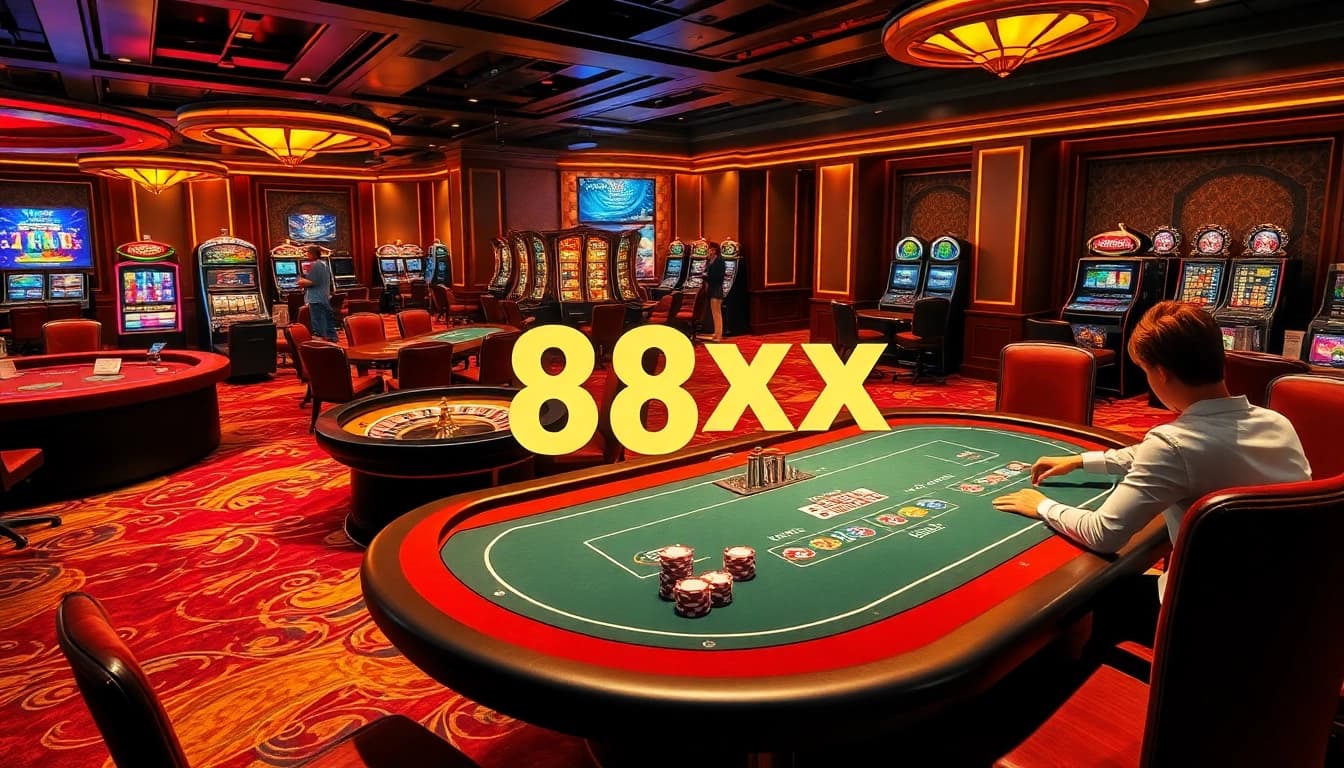 Players engaging at a vibrant poker table in a luxurious 88xx casino environment with slot machines and a roulette wheel.