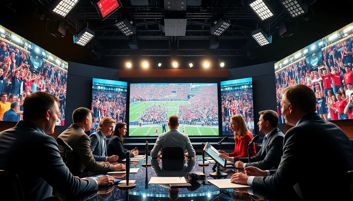 Engaging moment in sports broadcasting with commentators, enhancing audience connection.