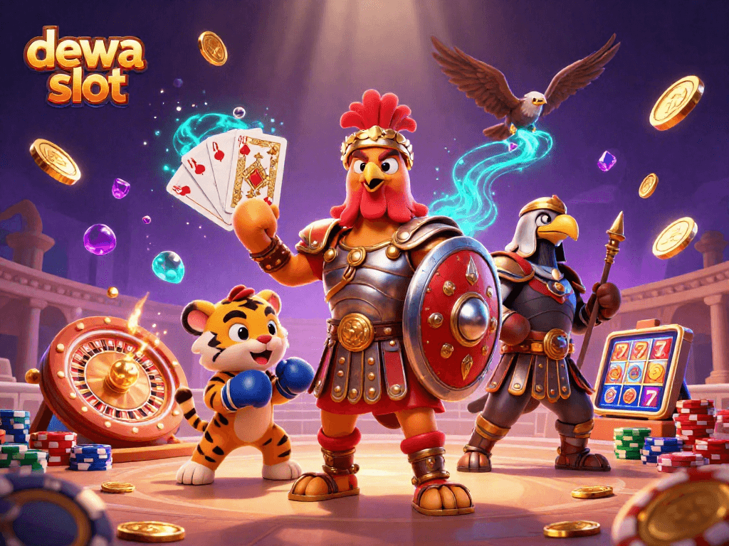 Belajar dewa slot dengan ilustrasi ayam jantan berarmor, uang emas, dan elemen kasino.