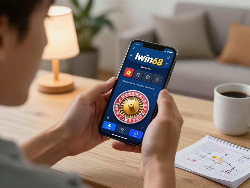 IWIN68 player enjoying exciting mobile gameplay on smartphone with roulette interface, showcasing responsible gaming setup.