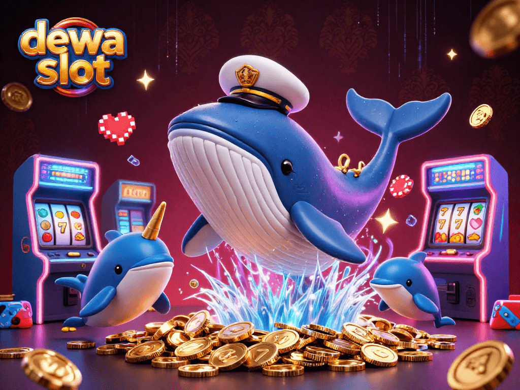 Dive into dewa slot adventure with a vibrant scene of a 3D whale, narwhal, and dolphins in a casino world.
