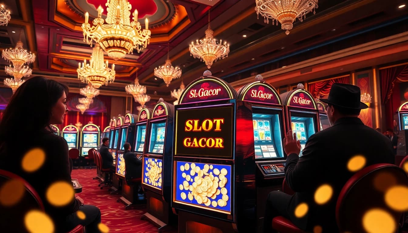 Engage with the Slot Gacor machine amidst an exciting casino scene filled with eager players and vibrant colors.