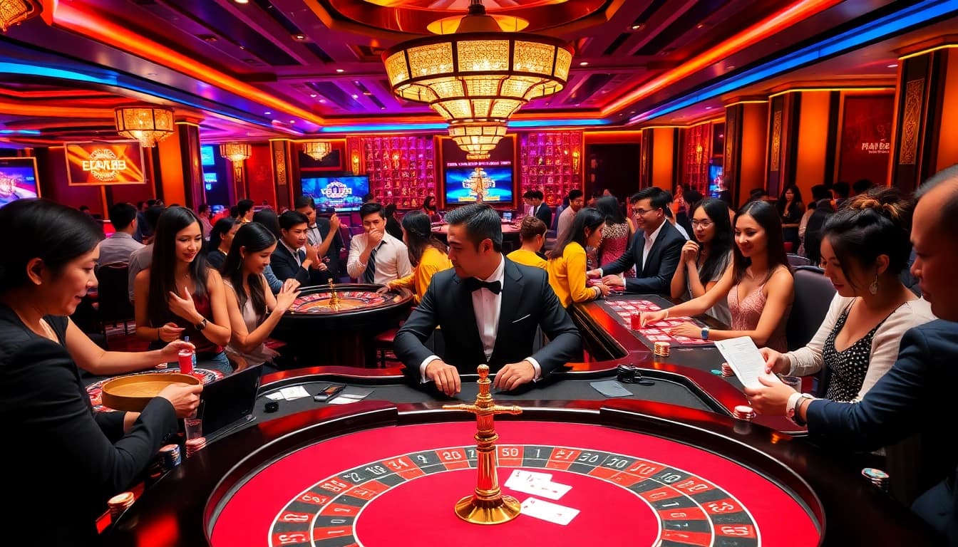 Players enjoying a high-stakes game at PG88 casino, featuring vibrant tables and excitement.