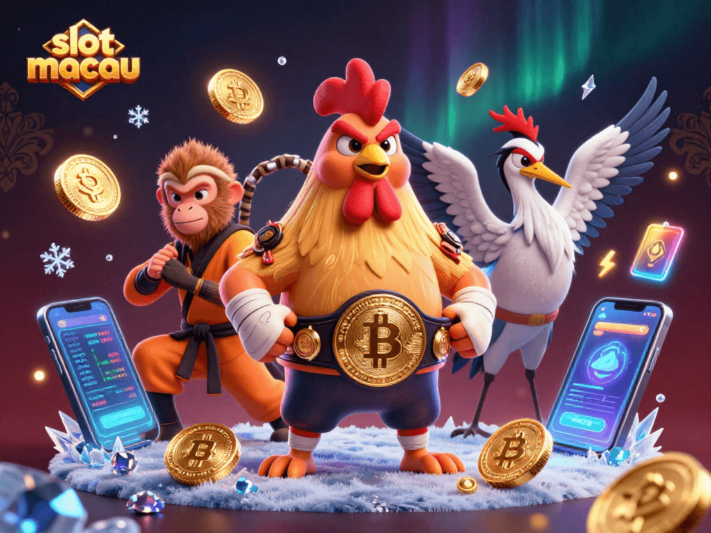 Spin the reels of slot macau with a dynamic scene featuring colorful characters and crypto elements.