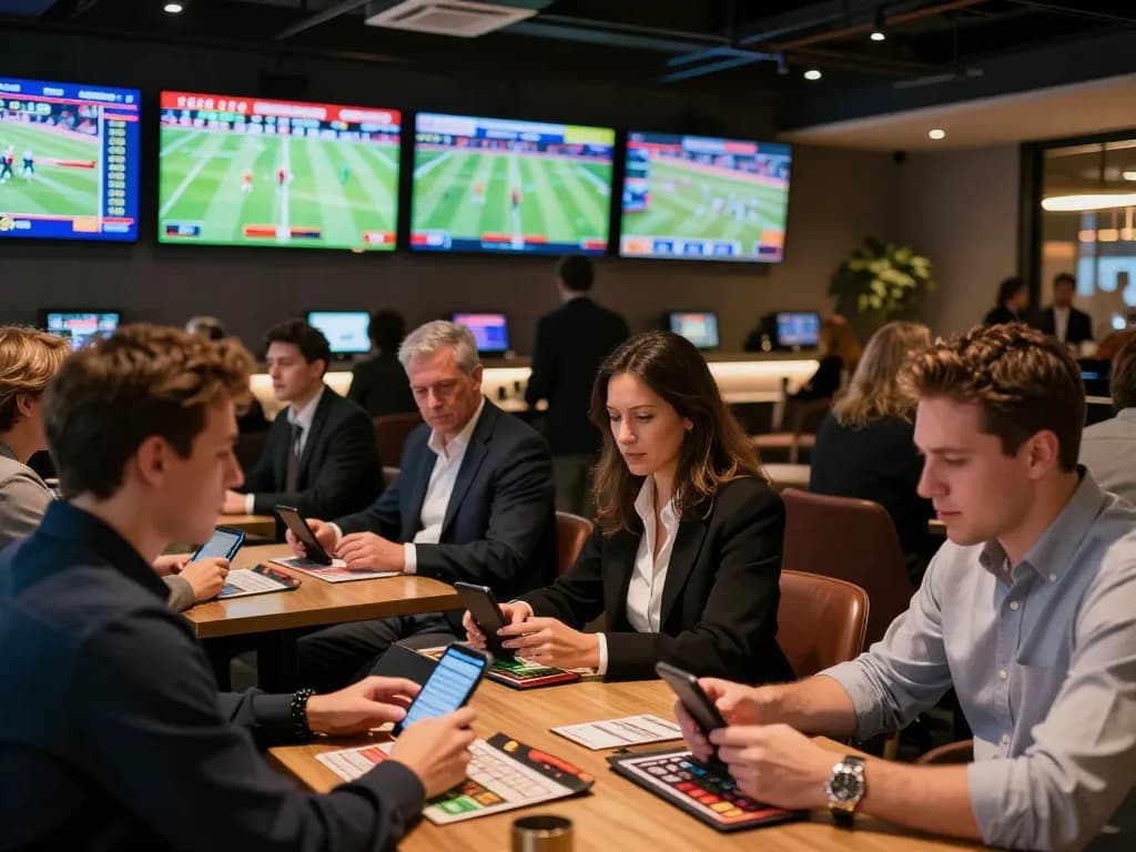Betting action at bem88 lounge with engaged players placing bets on live sports events.