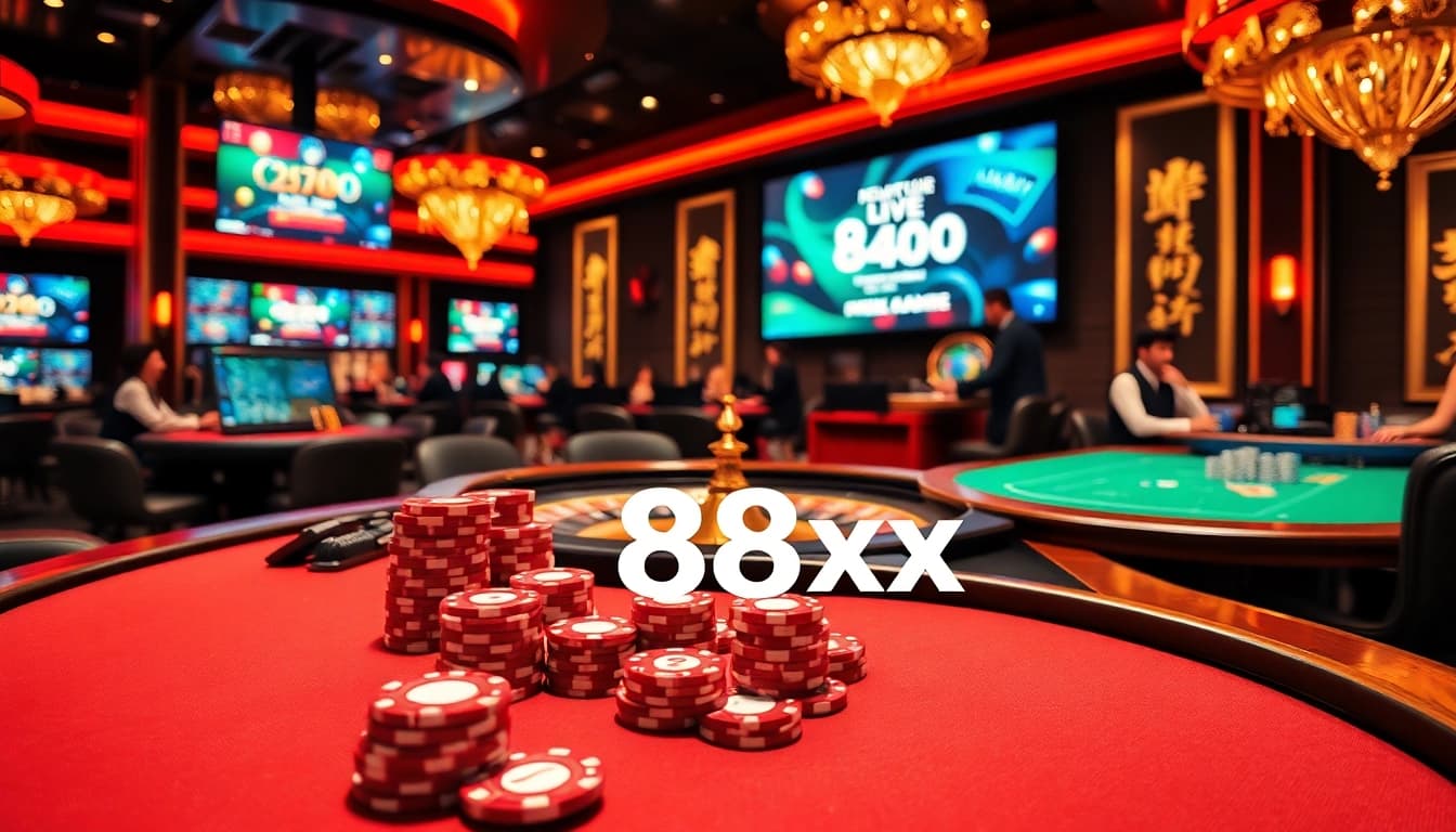 Gambling excitement with casino tables, poker chips, and dealers showcasing 88xx.