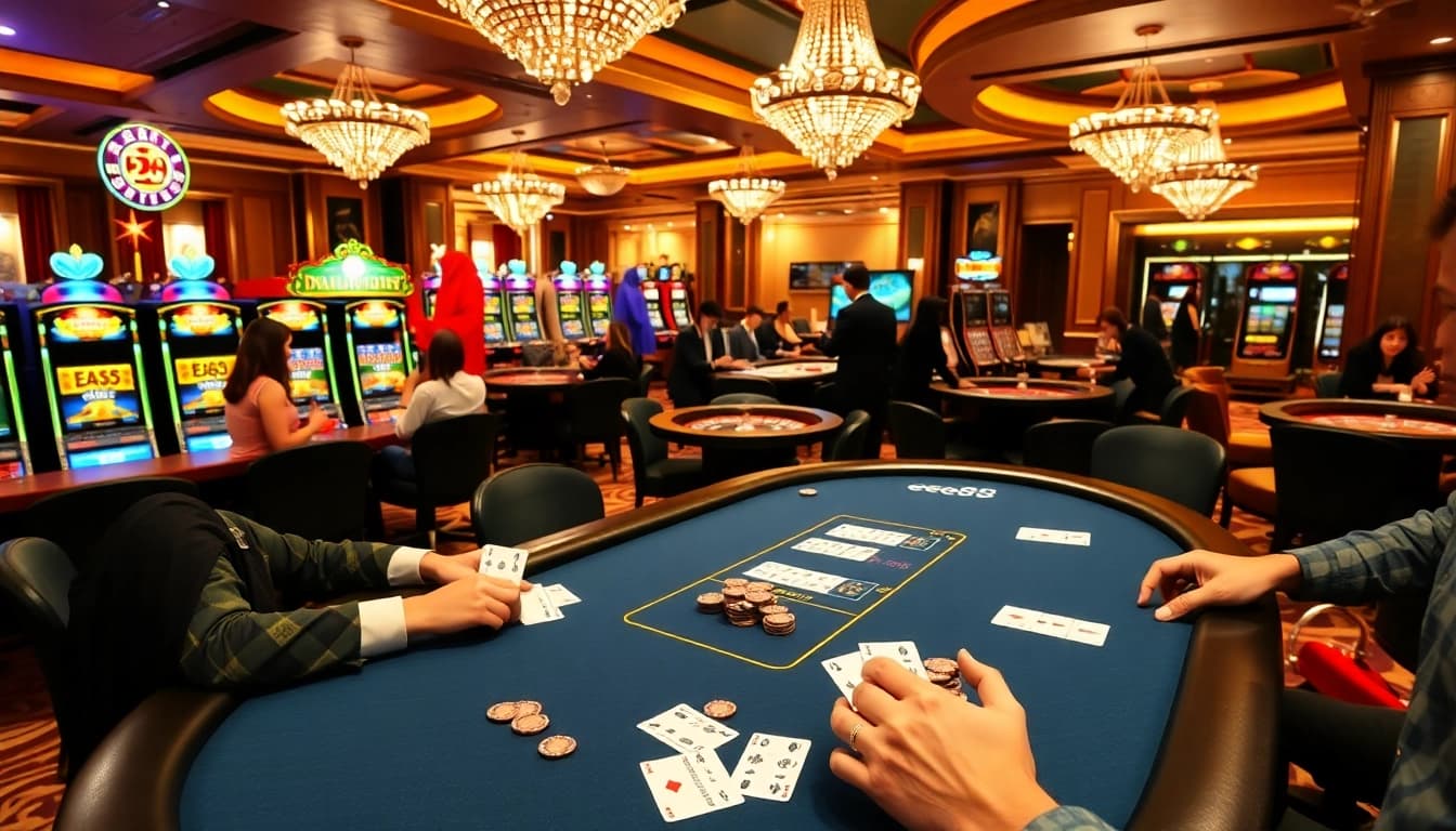 Players enjoying a high-stakes poker game at EE88 Casino, showcasing excitement and luxury.