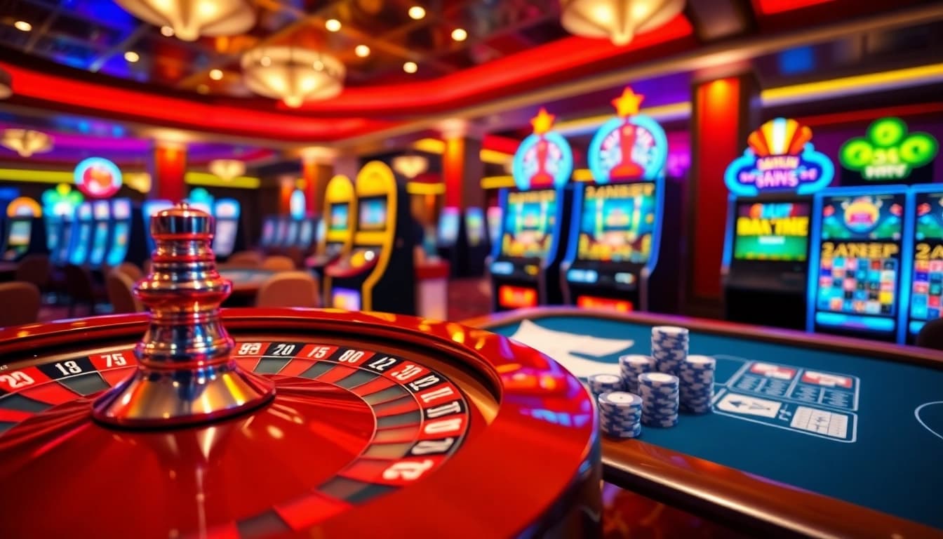 Engage with go8's exciting online casino atmosphere filled with roulette wheels and vibrant slot machines.