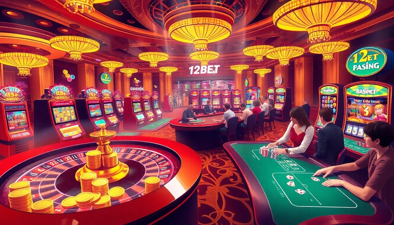 Experience the thrilling atmosphere of 12BET with vibrant casino games, including roulette and slots.