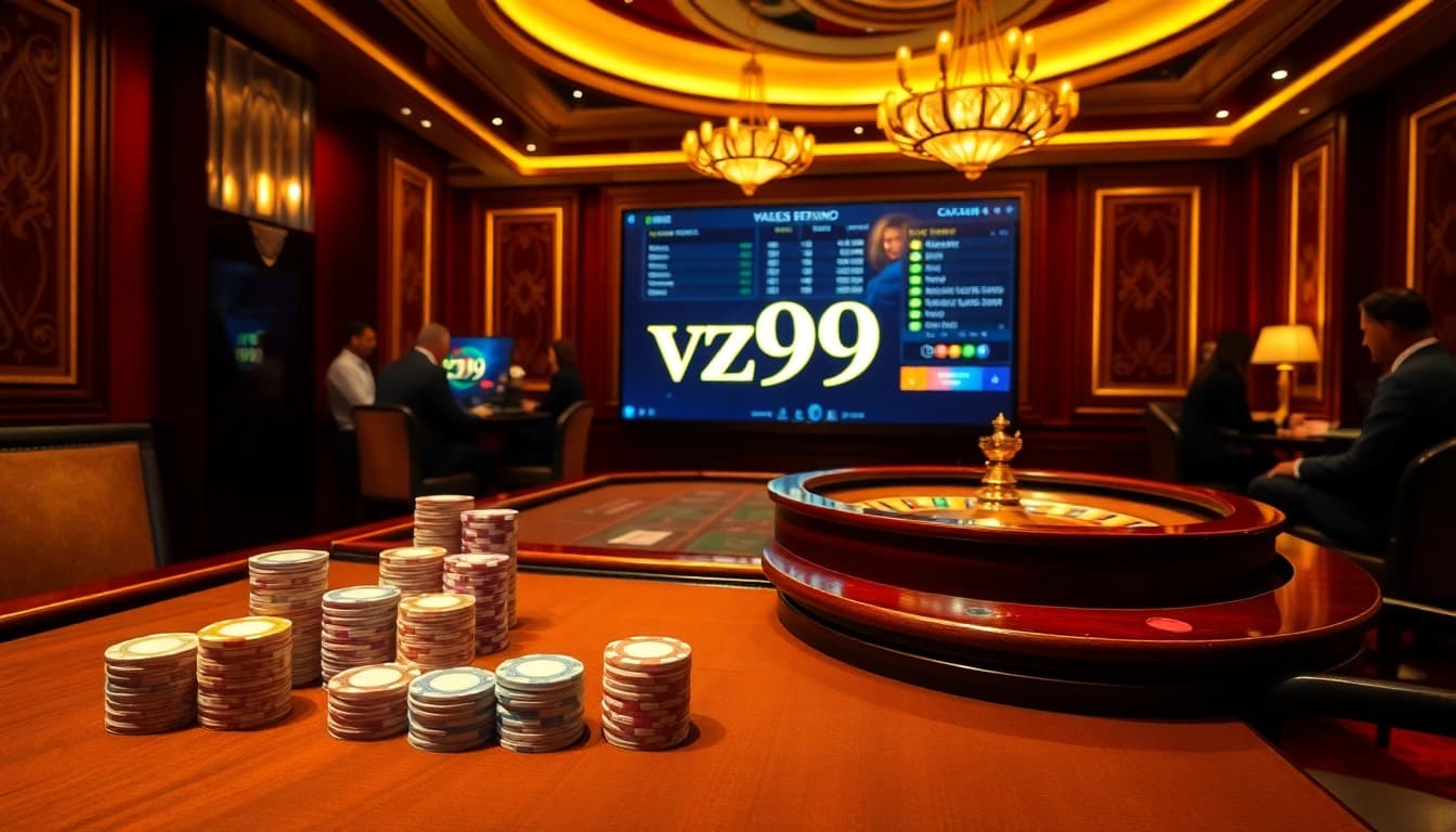 Engaging gamers at the vz99 casino table with vibrant poker chips and high-stakes excitement.