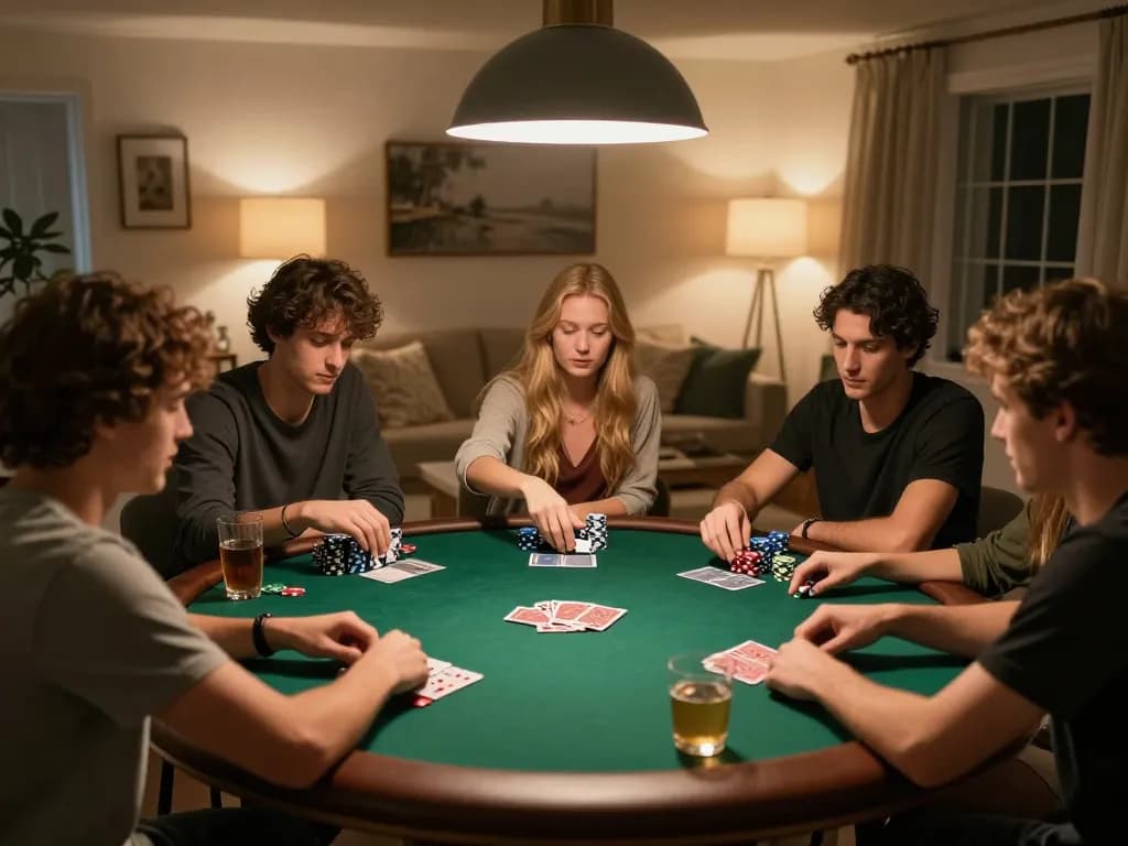 Engaged friends playing poker at home under warm lighting, showcasing the 888New thrilling experience.