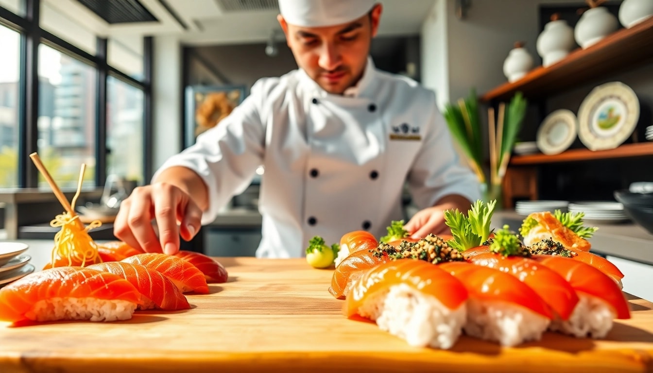 Enjoying exquisite sushi prepared by MISTER HOKI in a vibrant restaurant kitchen.