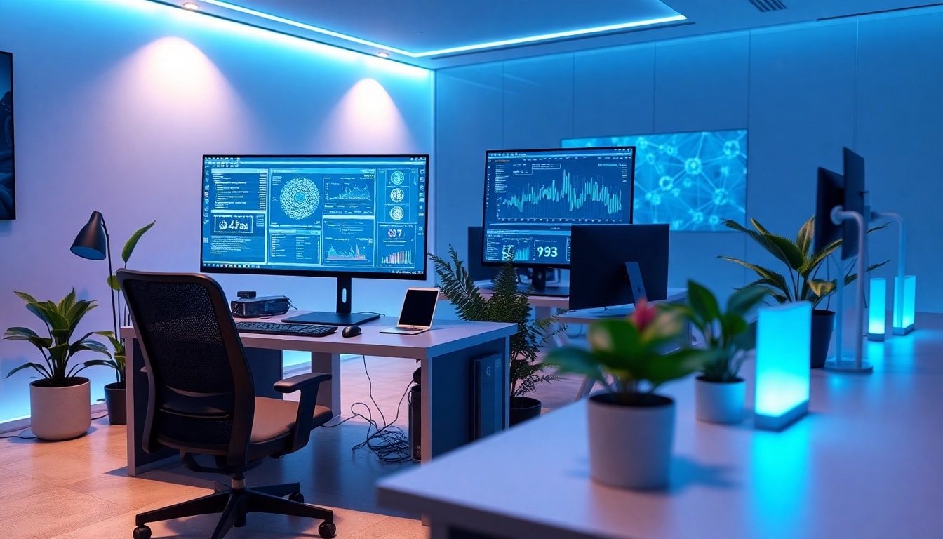 An innovative technology workspace showcasing AI +18 with modern gadgets and ambient lighting.