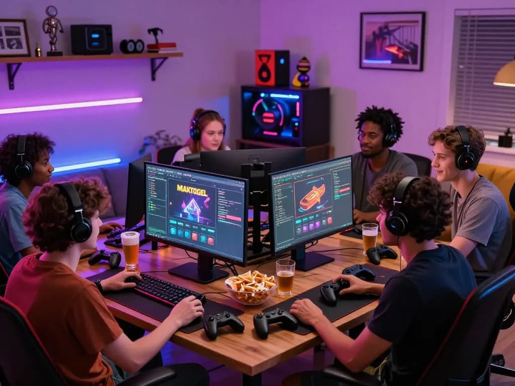 Friends enjoying a MAKTOGEL gaming night with vibrant decor and multiple monitors.