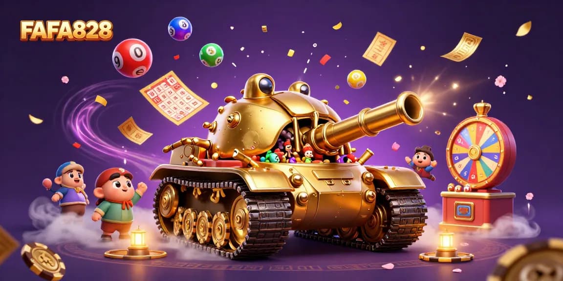 FAFA828 unleashes fun with a vibrant casino scene filled with lottery balls and confetti.