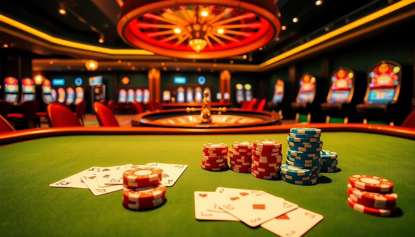 Action-packed casino scene focusing on asupanjitu with vibrant poker chips and tables in a luxurious atmosphere.