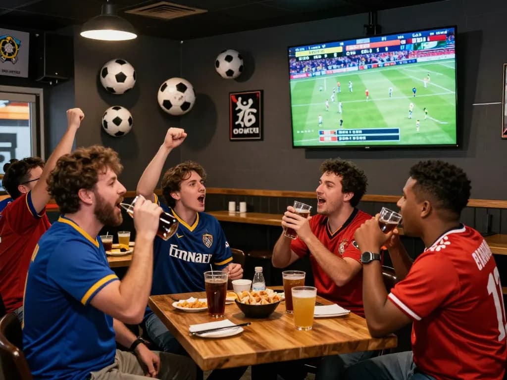 Fans enjoying live football scores on Nowgoal at a vibrant sports bar.
