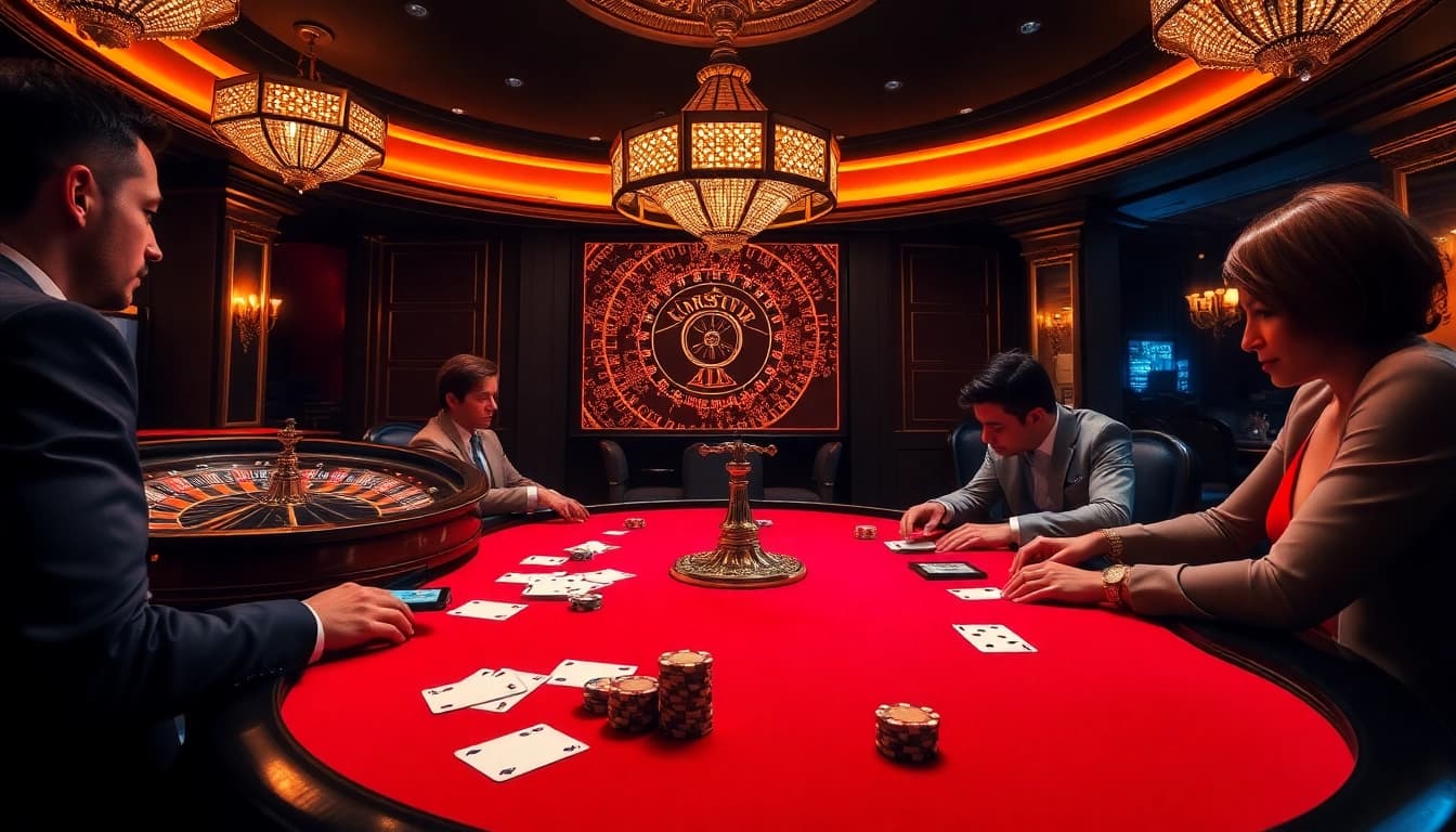 Para pemain merencanakan taruhan bernilai tinggi di meja poker mewah dan roda roulette yang terinspirasi oleh https://www.sr22duluth.com/.