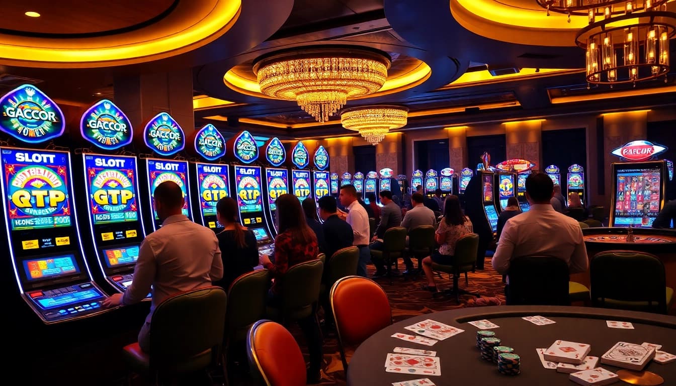 Experience the thrill of Slot Gacor machines in a luxurious casino setting with vibrant gameplay.