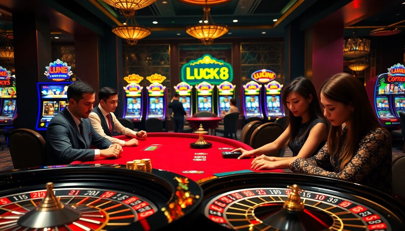 LUCK8 casino scene showcasing poker chips and roulette wheel excitement