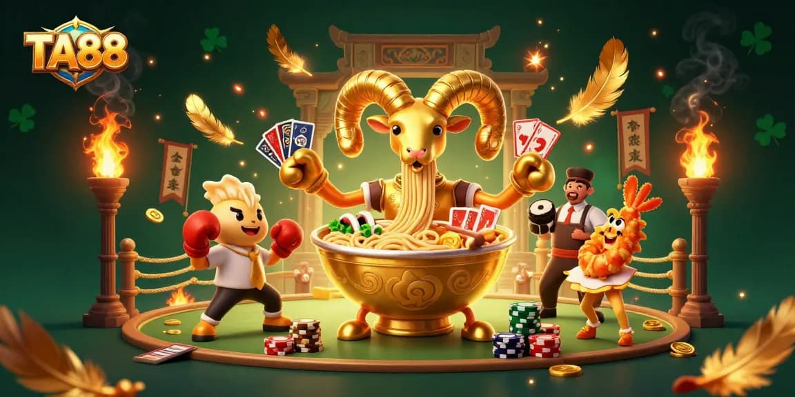 TA88 showcases vibrant casino scene with golden ramen bowl dealing cards and chips.