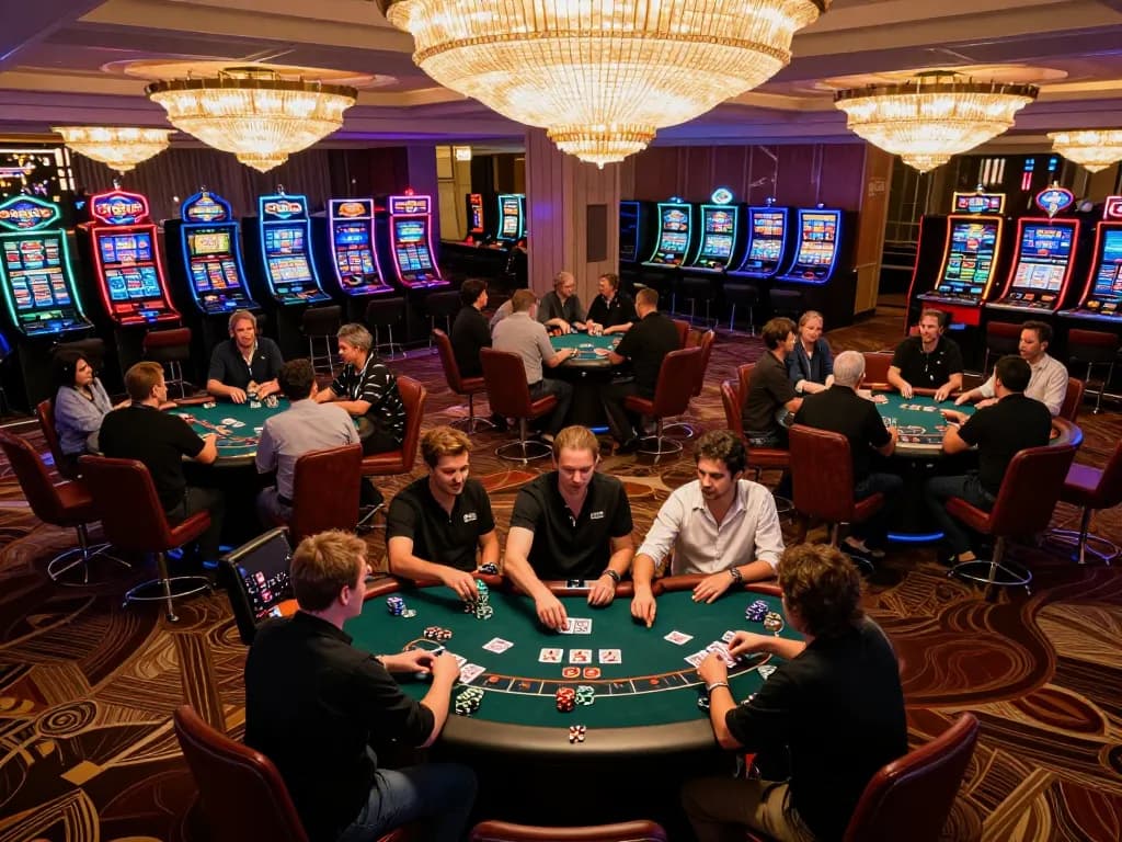Engaged players at tg777.ac casino gaming floor, celebrating wins at poker tables with vibrant atmosphere.