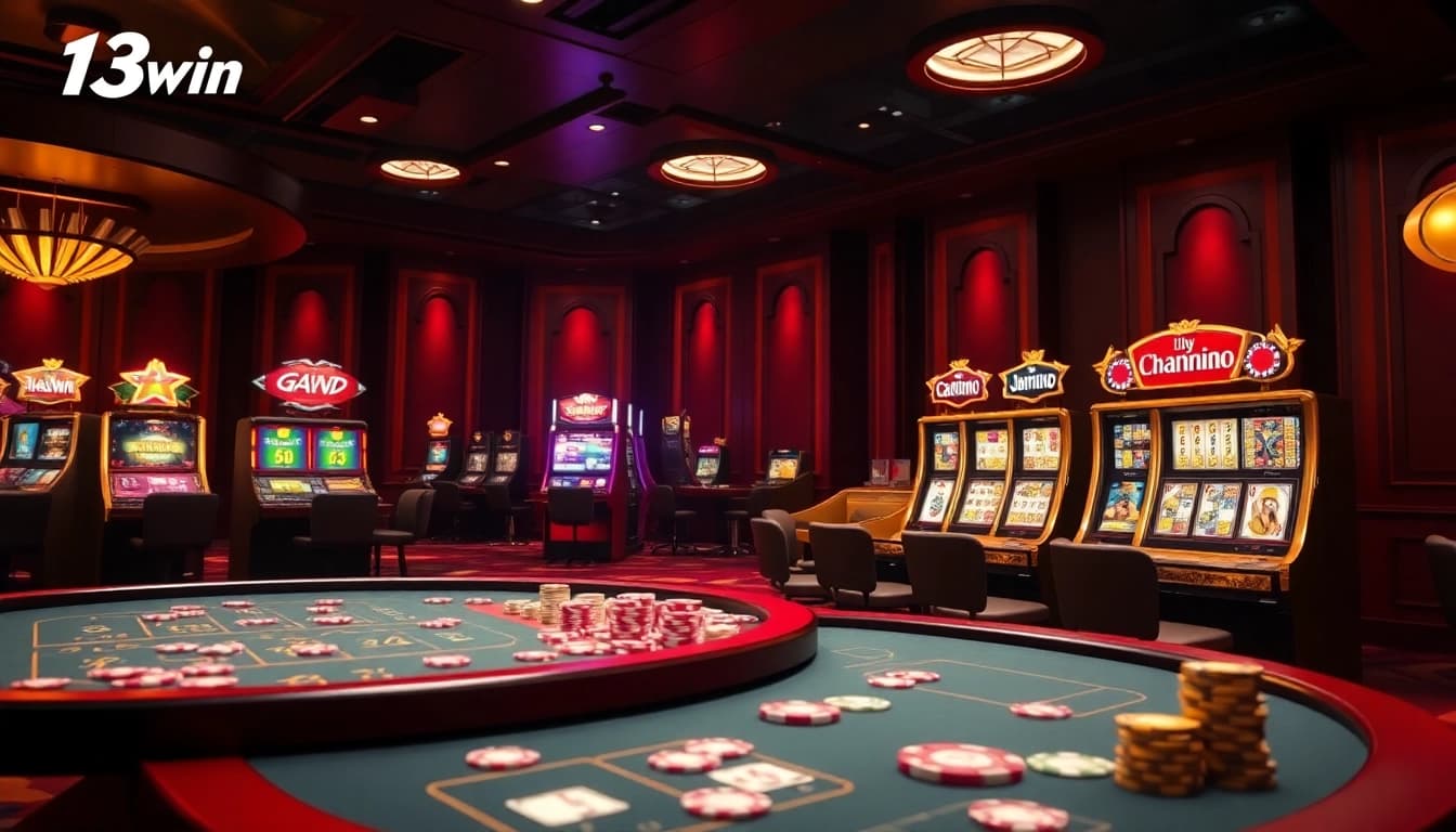 Exciting gaming action at 13win online casino with vibrant slot machines and poker chips.