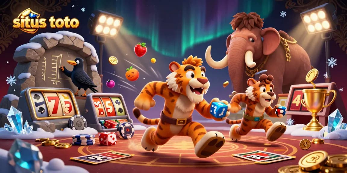 Situs toto showcases energetic gaming with the caveman and tiger duo in a vibrant prehistoric casino scene.