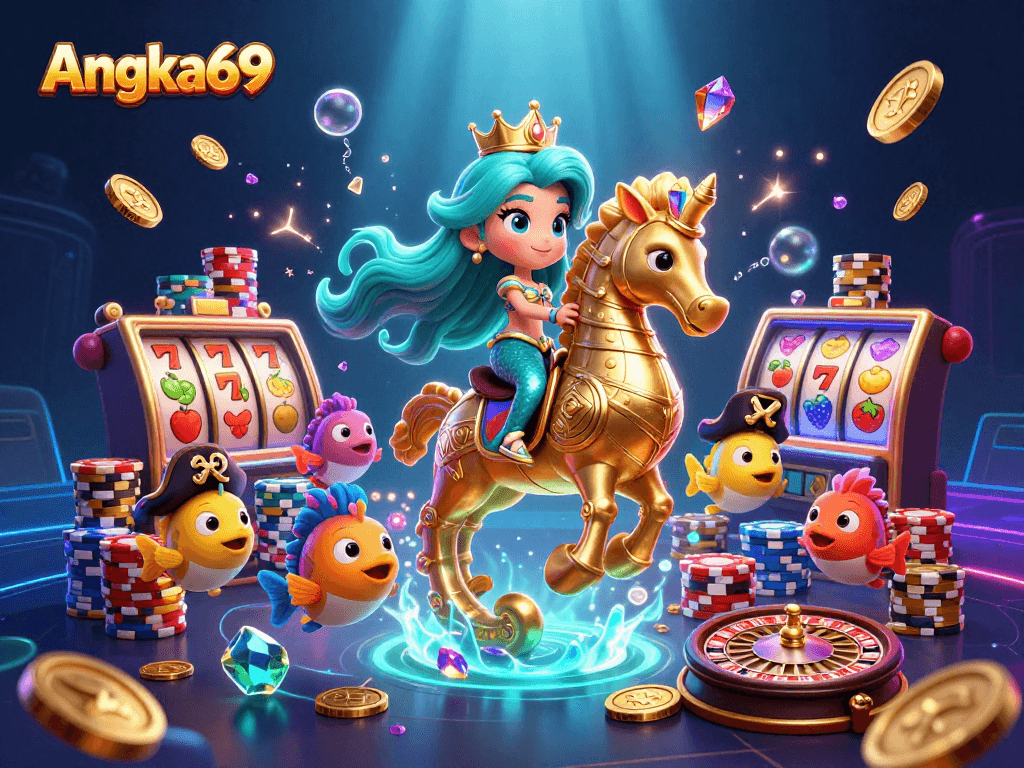 Angka69 offers immersive casino gaming with vibrant mermaid-themed imagery and engaging slot machine experiences.