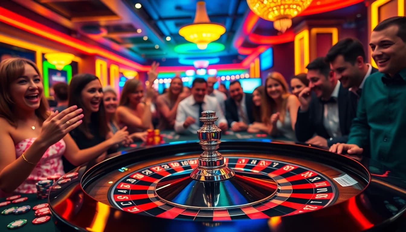 Casino players eager at the roulette table, illuminated by lively neon lights.