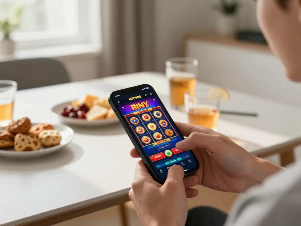 Pemain menikmati permainan slot tokyo88 di ponsel pintar di rumah, menampilkan interface aplikasi yang cerah.