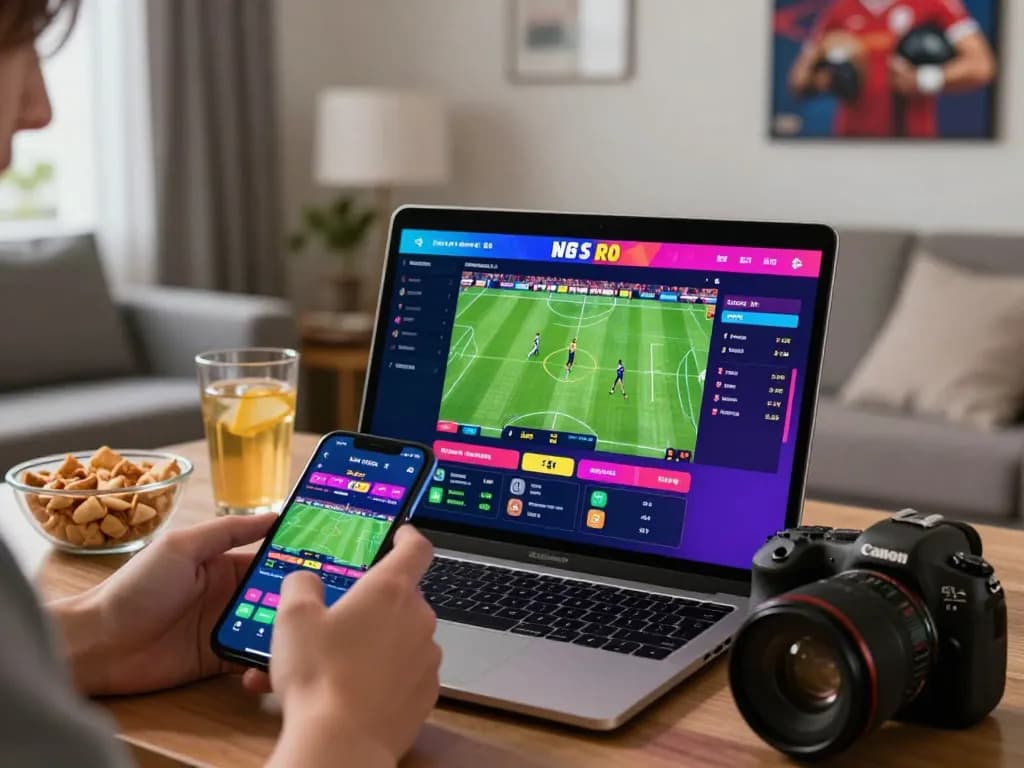 Fabet online betting experience with smartphone and laptop in dynamic home setting.