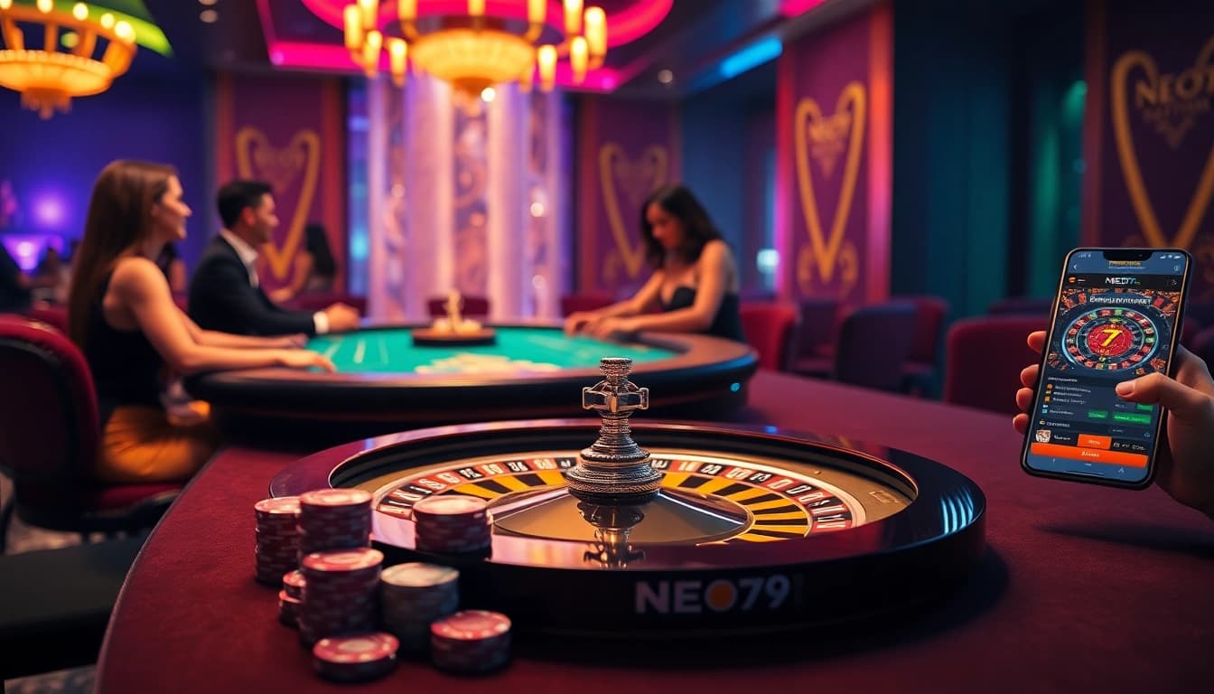 Experience the thrilling casino atmosphere with NEO79's vibrant gaming scene featuring poker chips and roulette.