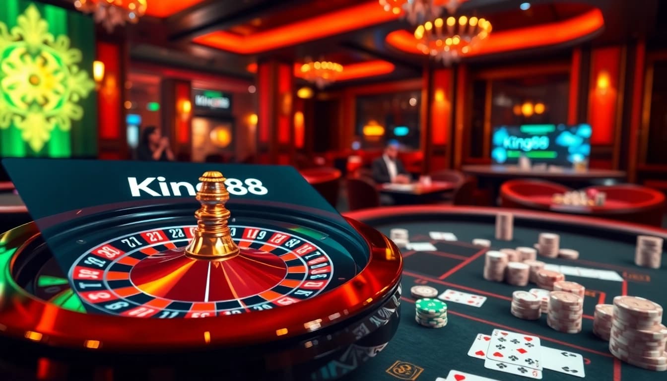 Experience the excitement of gambling at King88, featuring an engaging roulette scene with vibrant colors and casino elements.