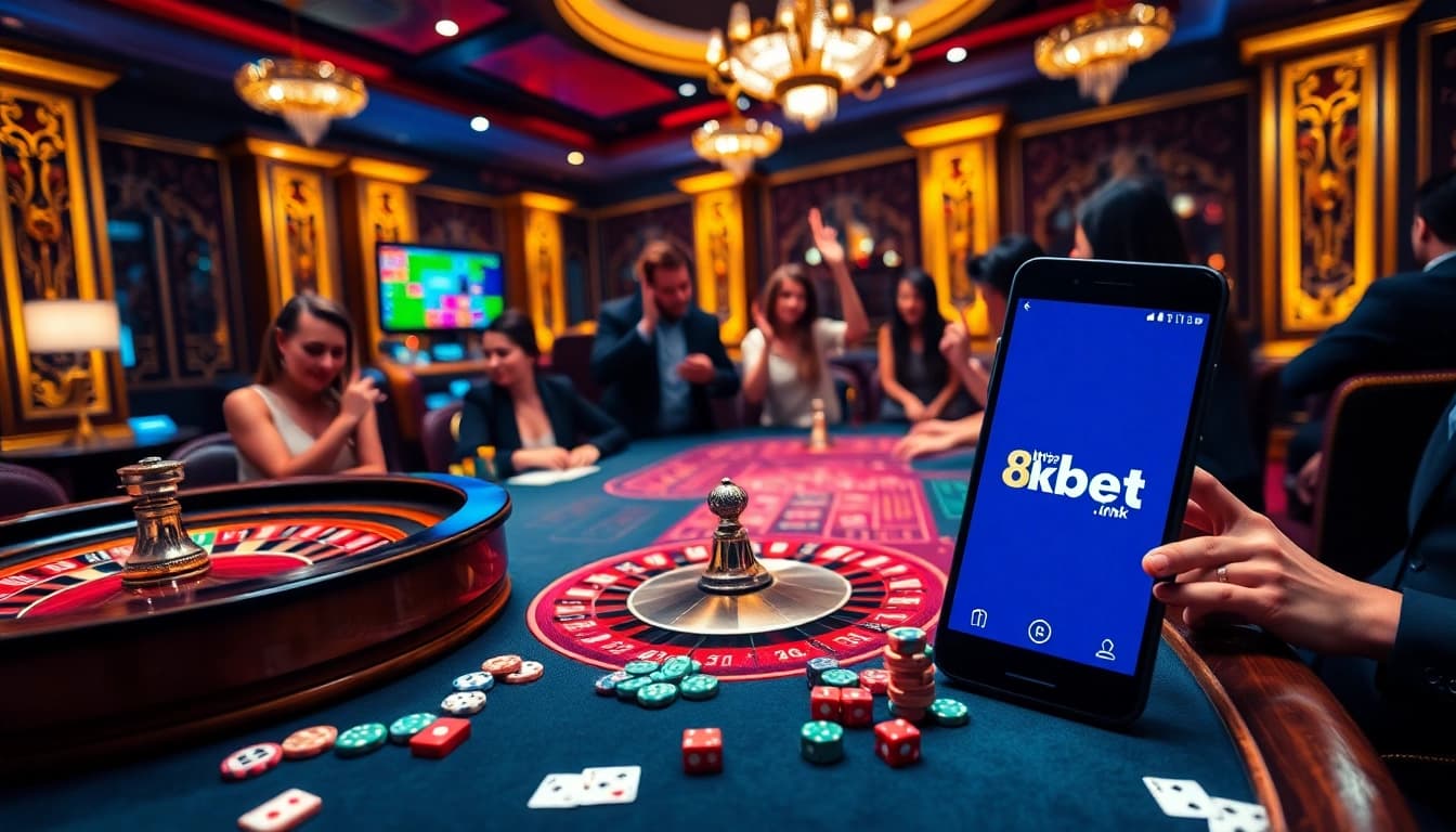 Engaging players at a luxurious casino table showcasing games from https://8kbet.ink/ with vibrant poker chips.