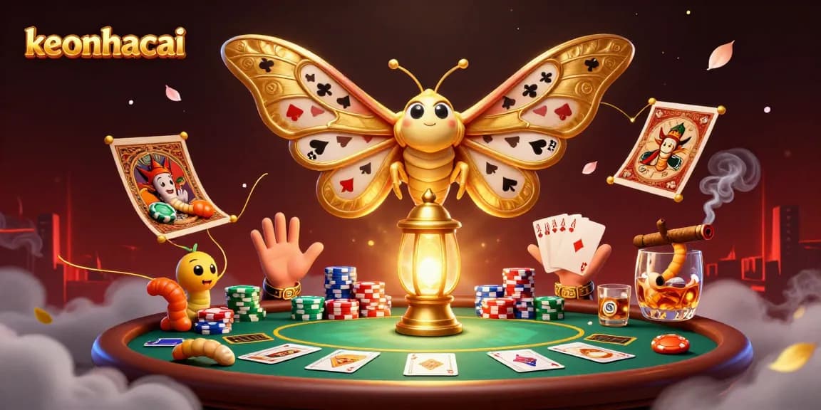 Experience keonhacai in a vibrant casino scene with golden moths and poker elements.