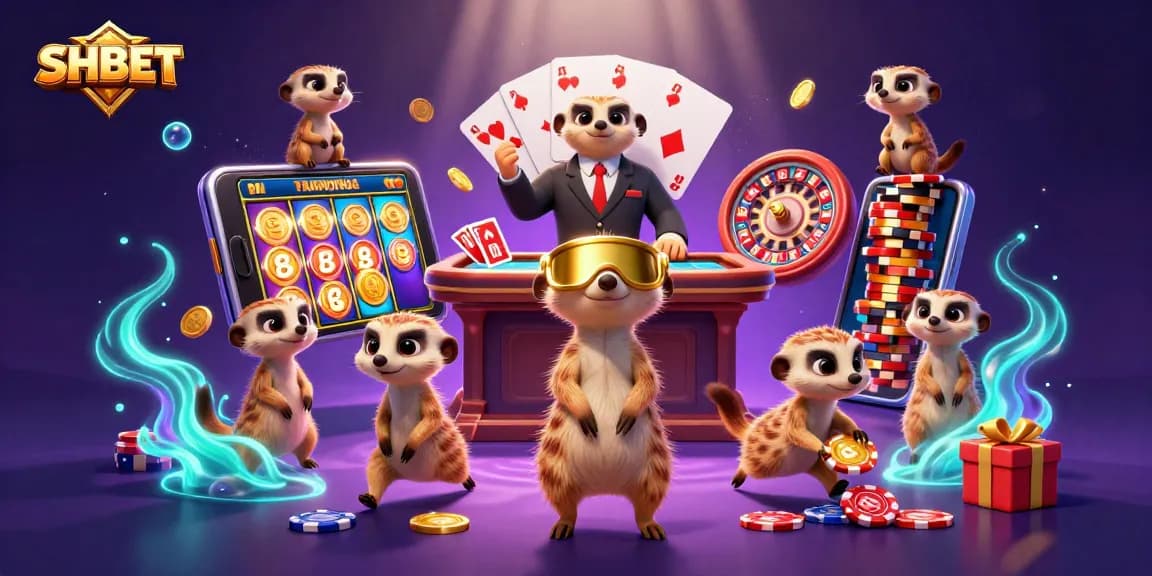Experience the excitement of SHBET with meerkats in a vibrant casino scene filled with games and immersive action.