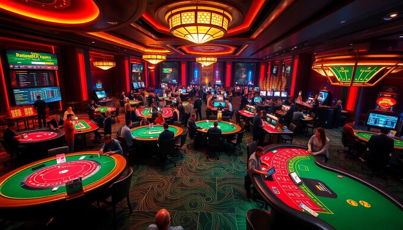 Exciting gaming atmosphere at https://33win.global/ with baccarat tables and vibrant players.