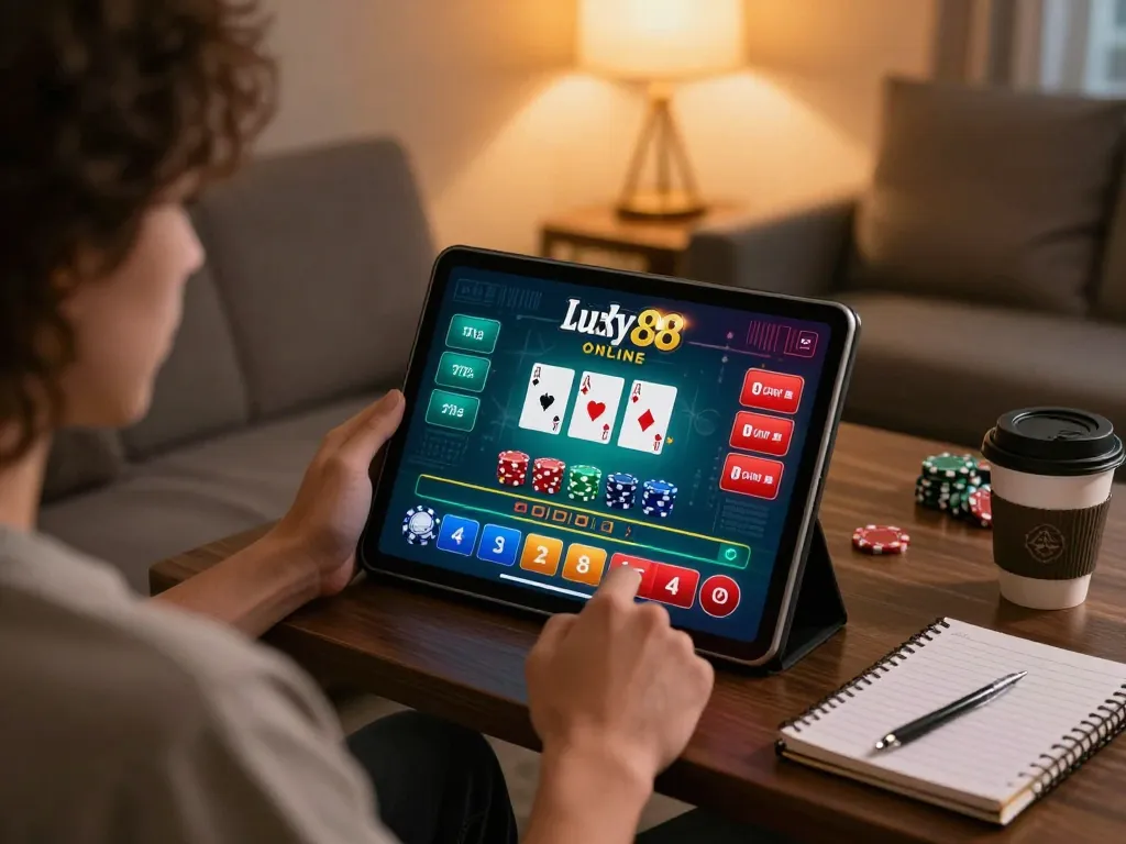 Engage in exciting gameplay on lucky88 with live dealer blackjack on a tablet, cozy home setup.