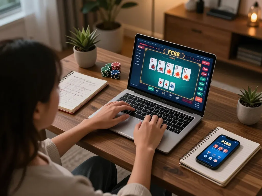 Engaging online casino session at FC88 with a player analyzing poker strategies and game interface